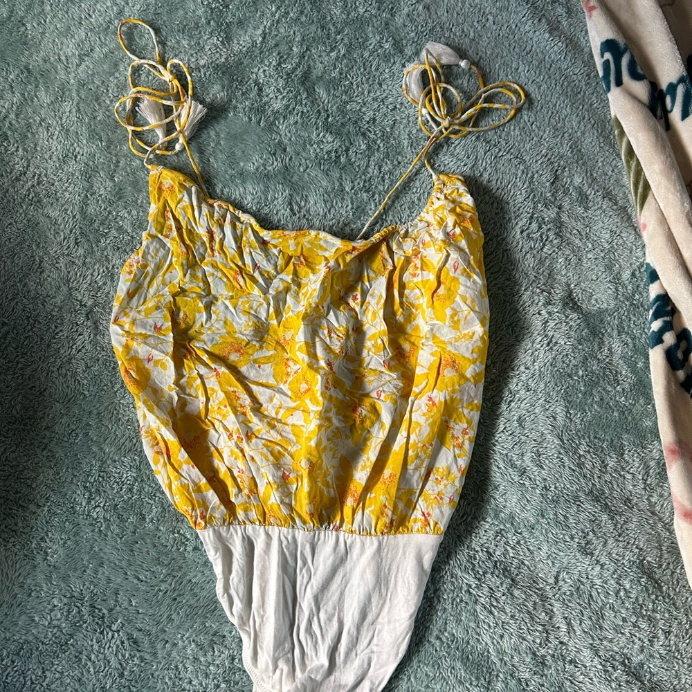 Free People Yellow and White Floral Bodysuit